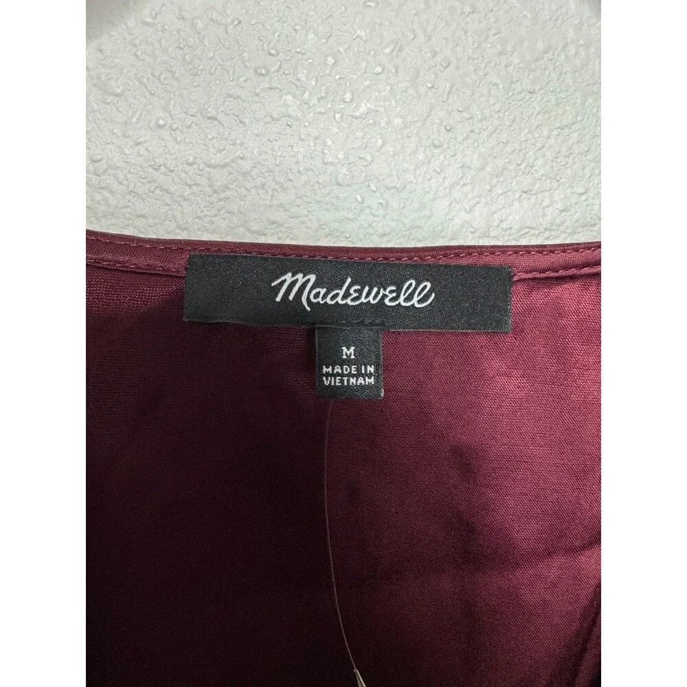 Madewell Medium Shirred Puff Sleeve Top Satin Cabernet V-Neck Empire Waist NWT